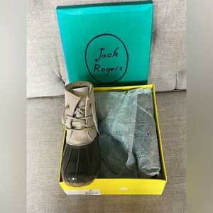 Jack Rogers olive & flecked gold duck boots. Size 11M